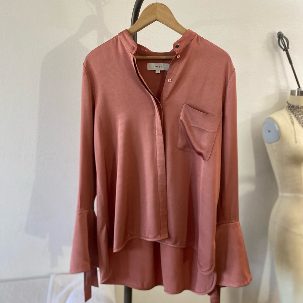 LOVER THE LABEL | Bell Tie Sleeve Button Down Satin Blouse